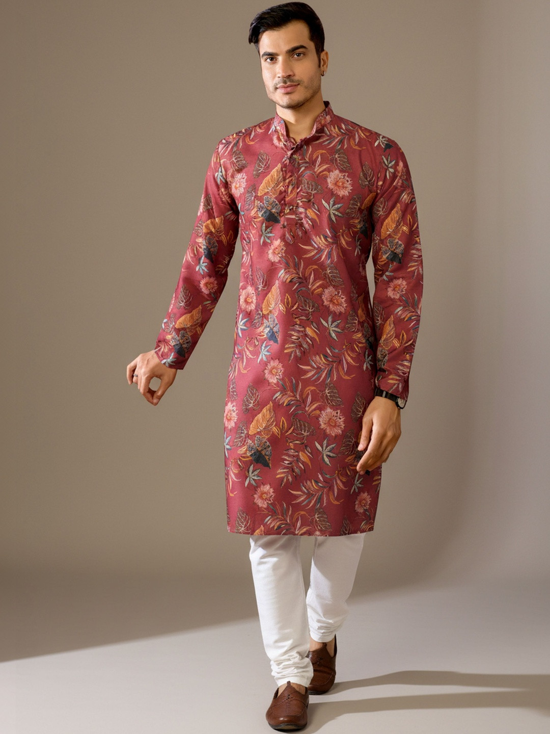 RANGRAAG Men Floral Printed Thread Work Kurta