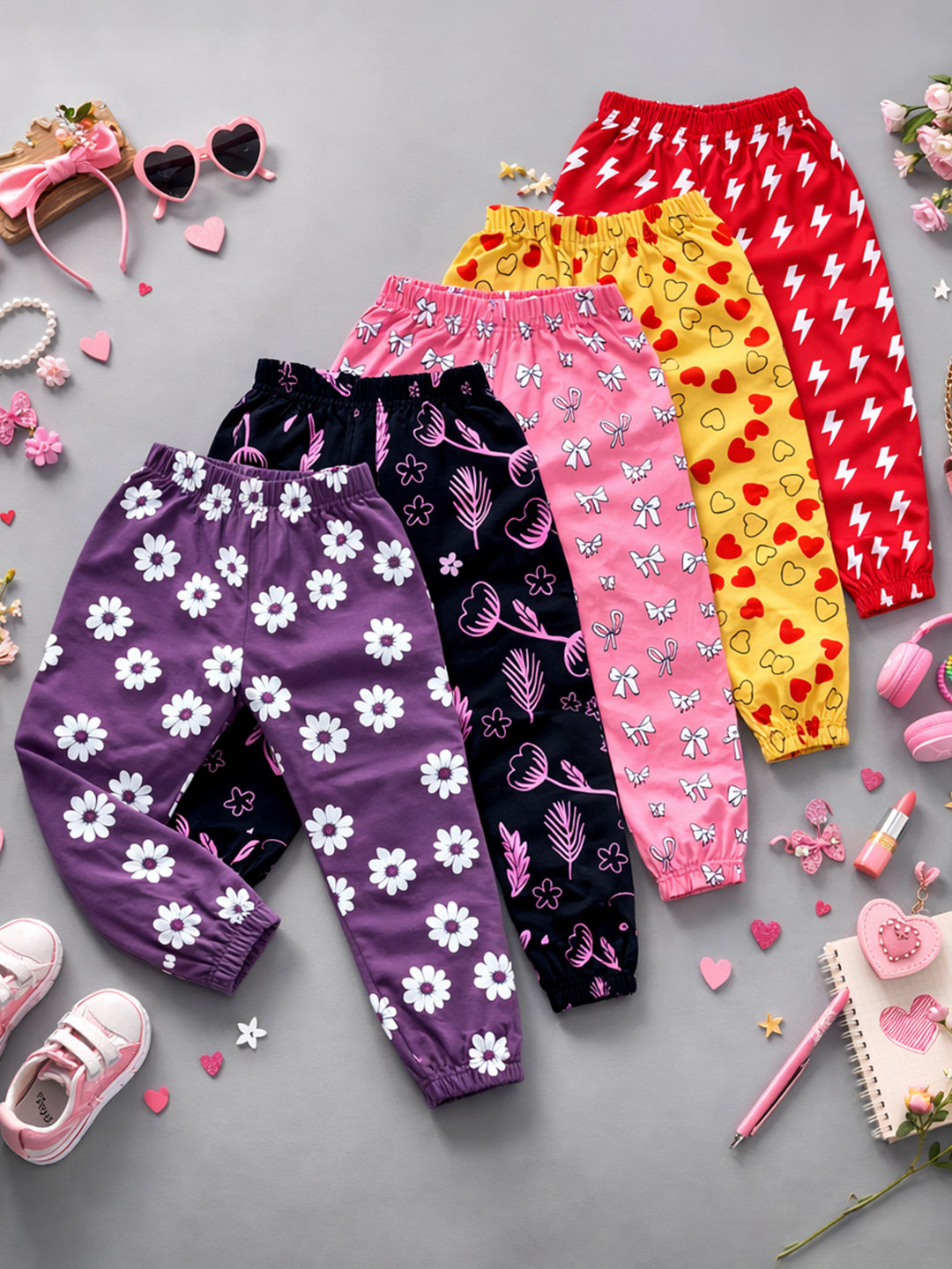 FAZZA Girls Pack Of 5 Conversational Printed Pure Cotton Joggers