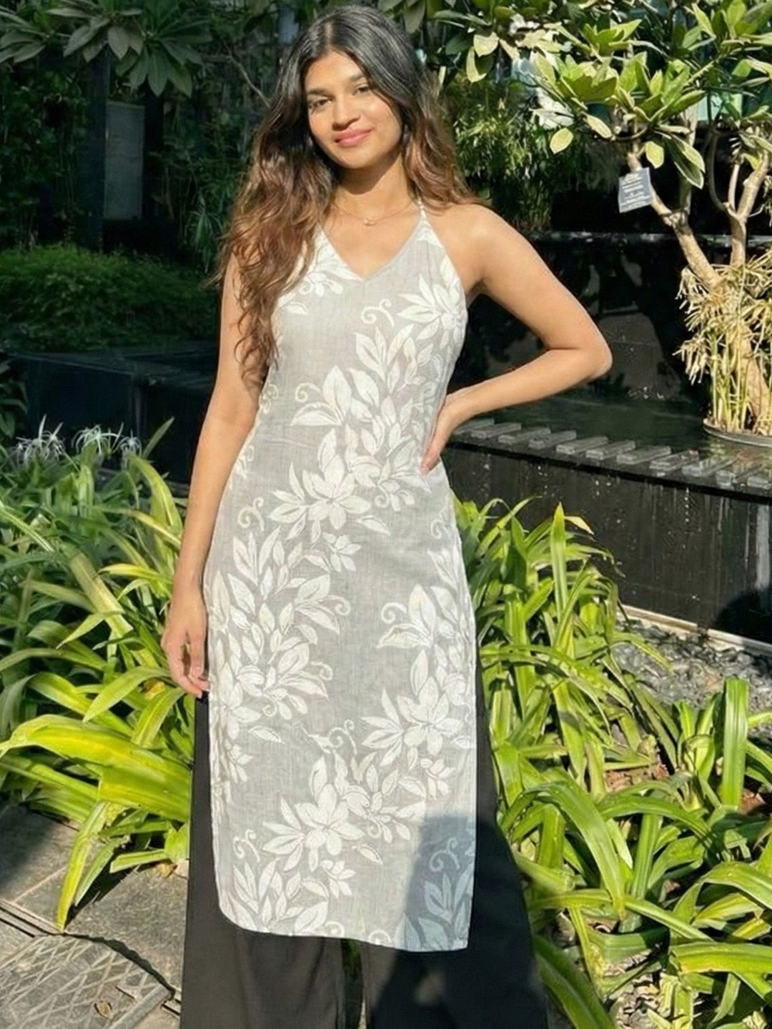 DHAKRE FASHION Floral Print Halter Neck Maxi Dress