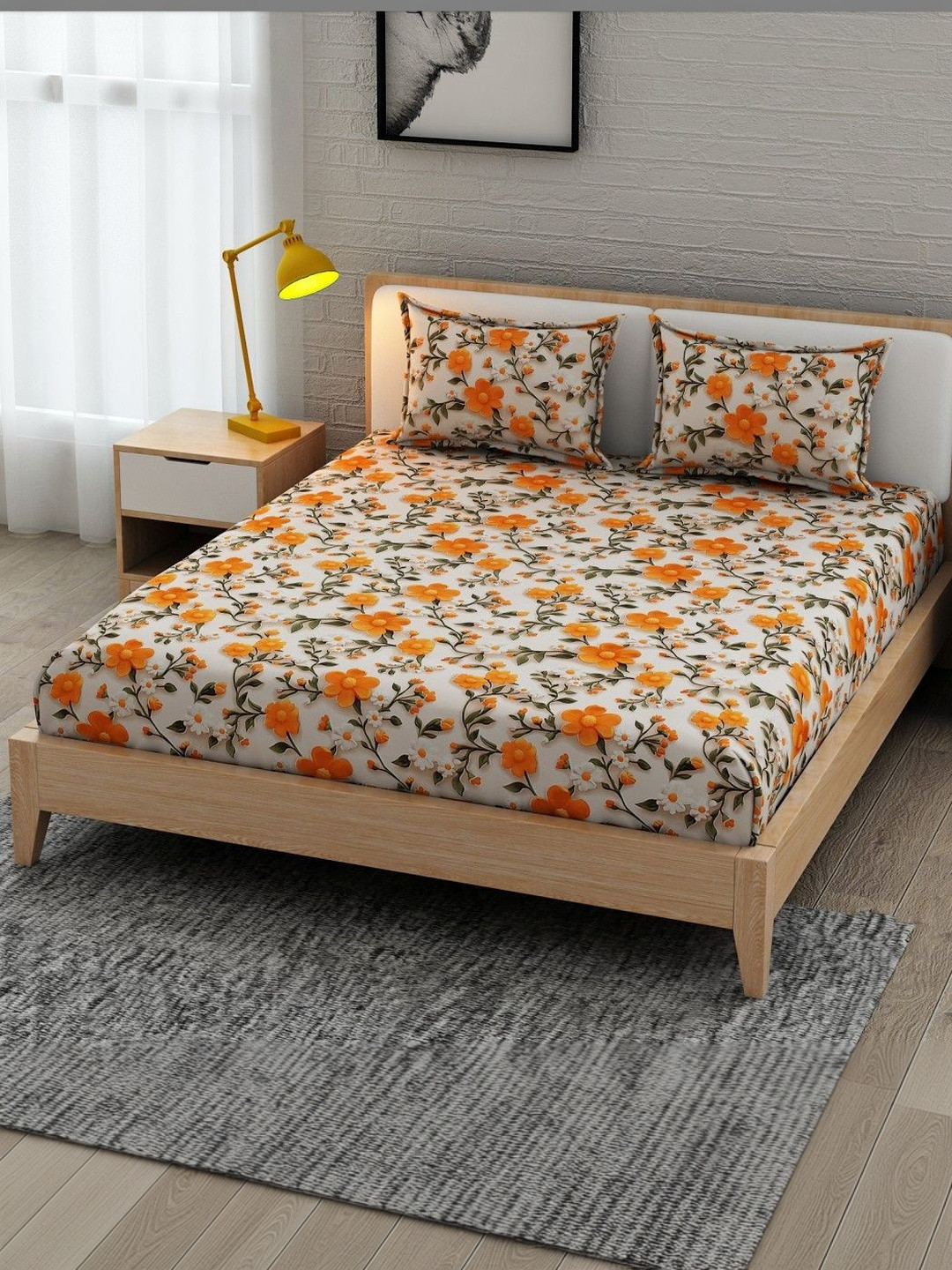 BELVOSTUM Cream-Coloured Floral 210 TC King Bedsheet with 2 Pillow Covers