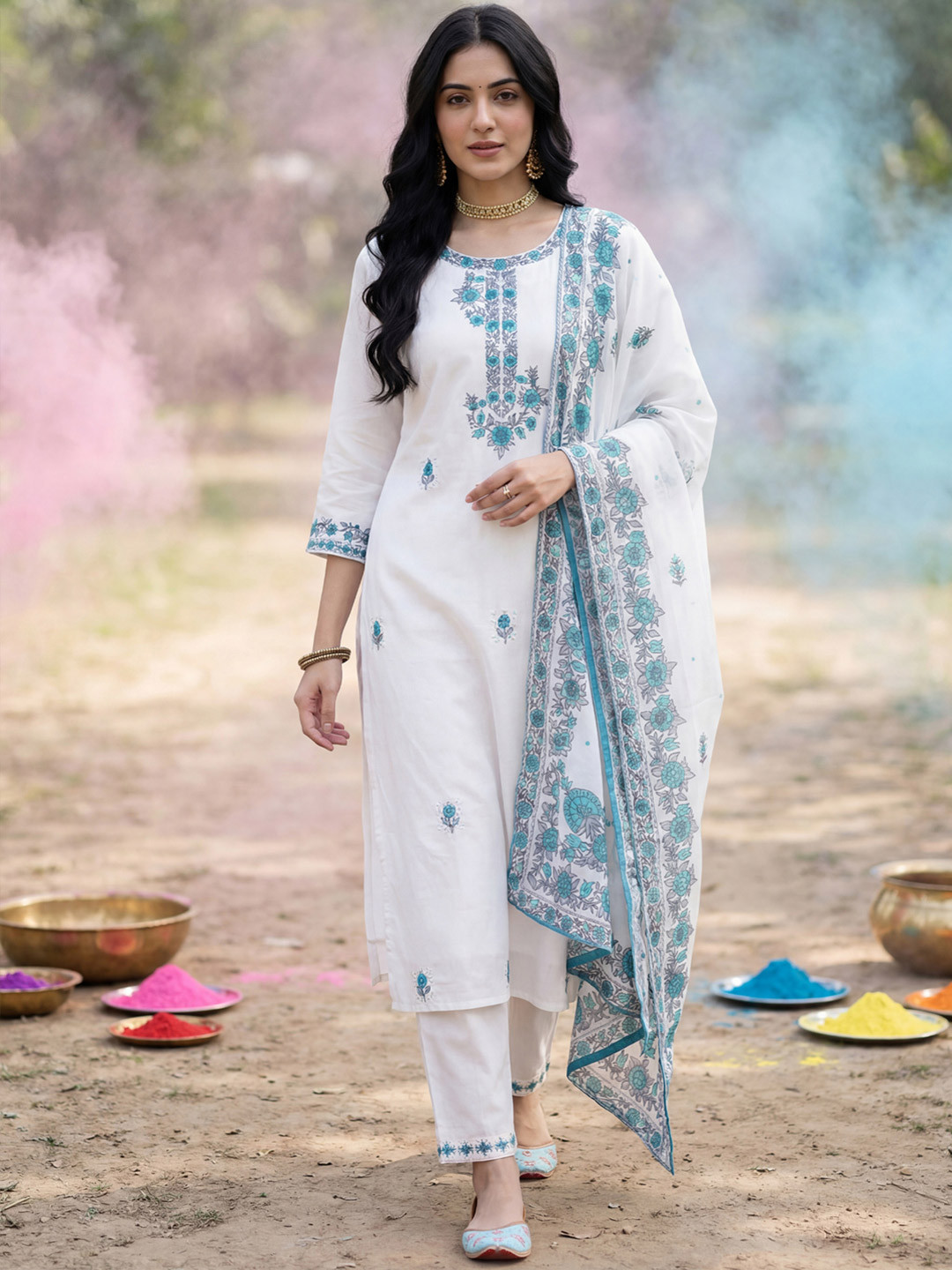 Indo Era Floral Embroidered Thread Work Pure Cotton Kurta with Trousers & With Dupatta