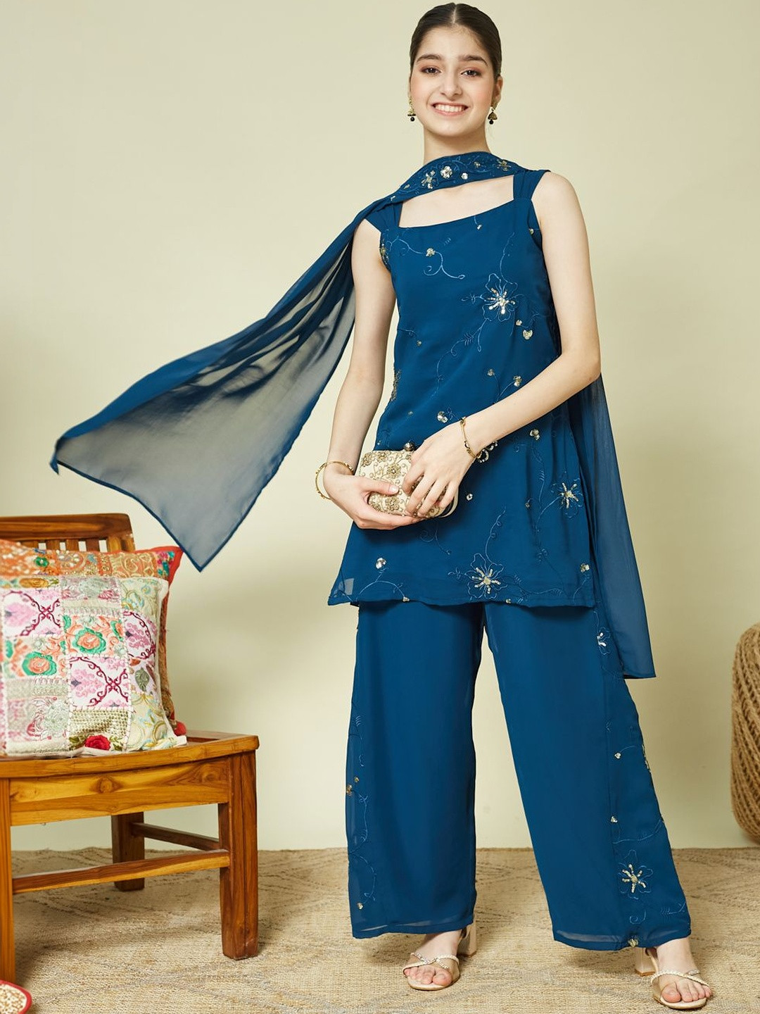 CurlyTales Girls Georgette Embroidered Kurta and Sharara with Dupatta Set