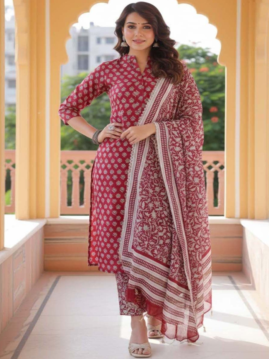 LARISHA Women Ethnic Motifs Printed Regular Pure Cotton Kurta with Trousers & With Dupatta