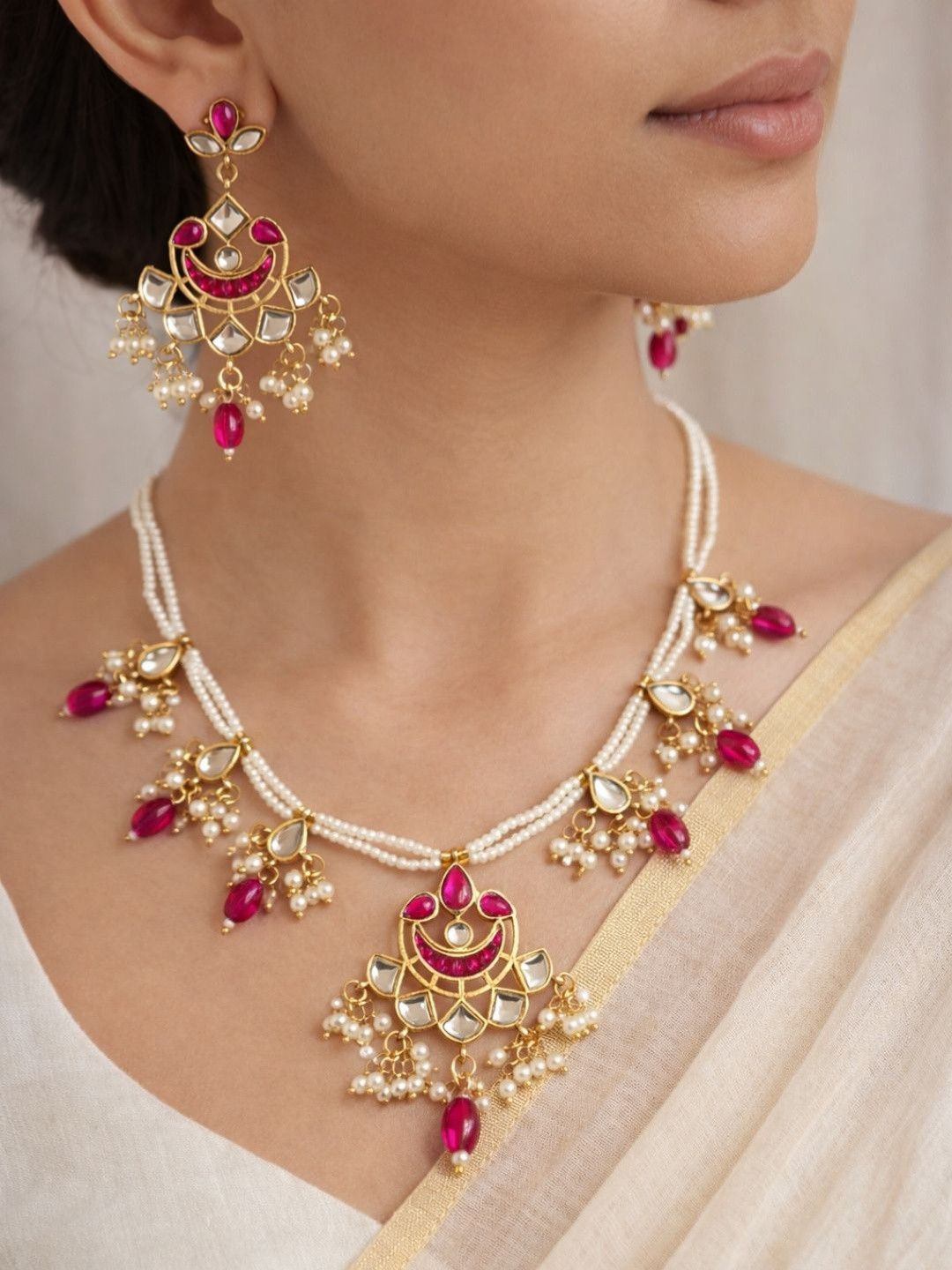 Zeviel Gold-Plated Antique Stone Studded & Beaded Necklace and Earrings