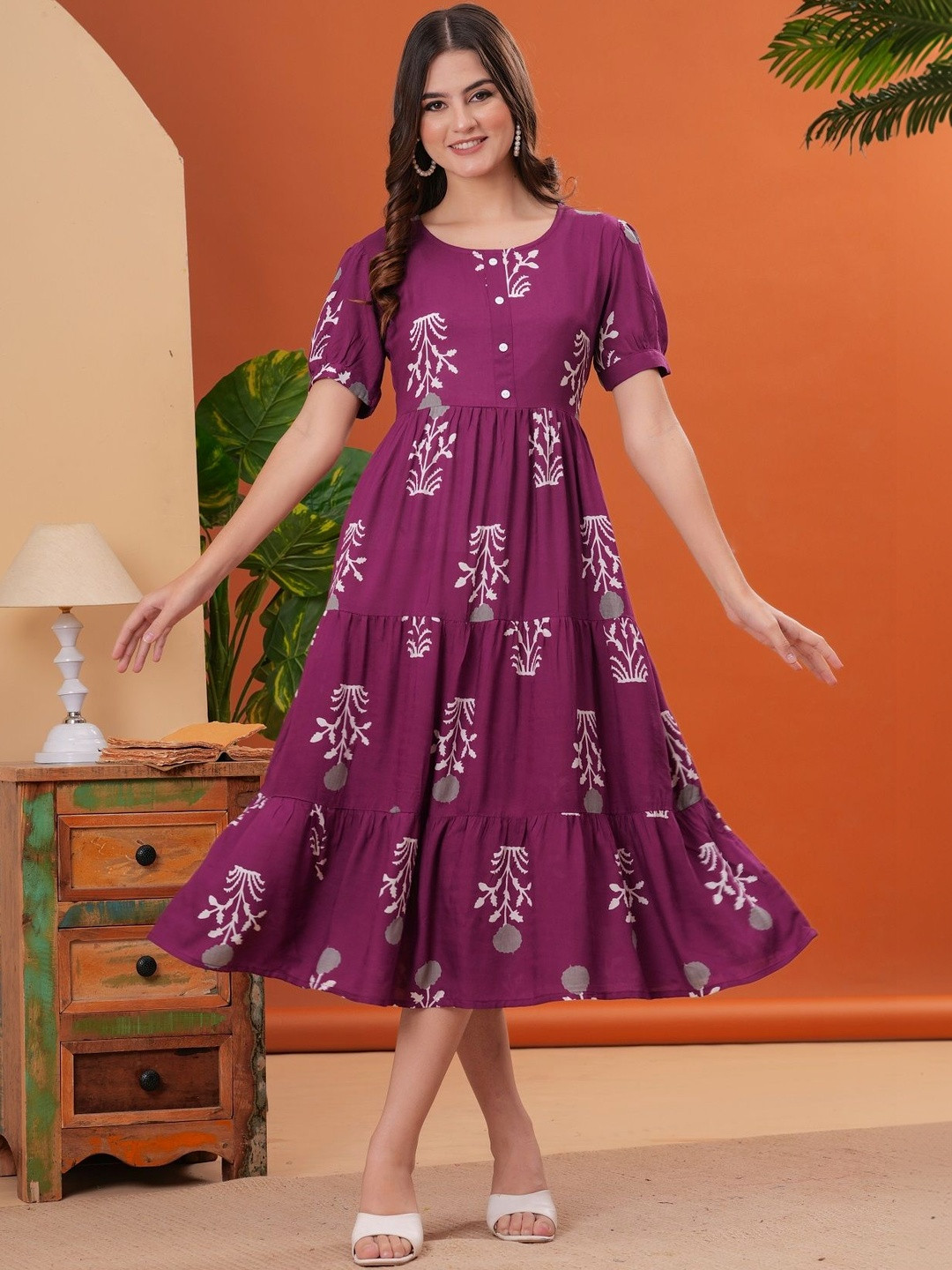 SAANVRA Ethnic Motifs Printed Round Neck Puff Sleeve Midi Gown Dress