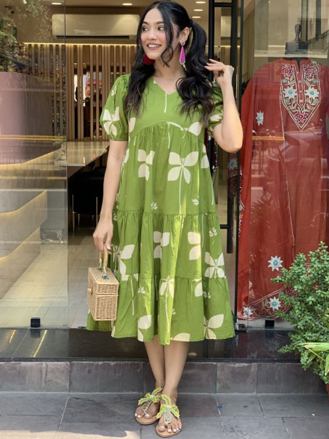 SAANVRA Floral Print Puff Sleeve A-Line Midi Dress