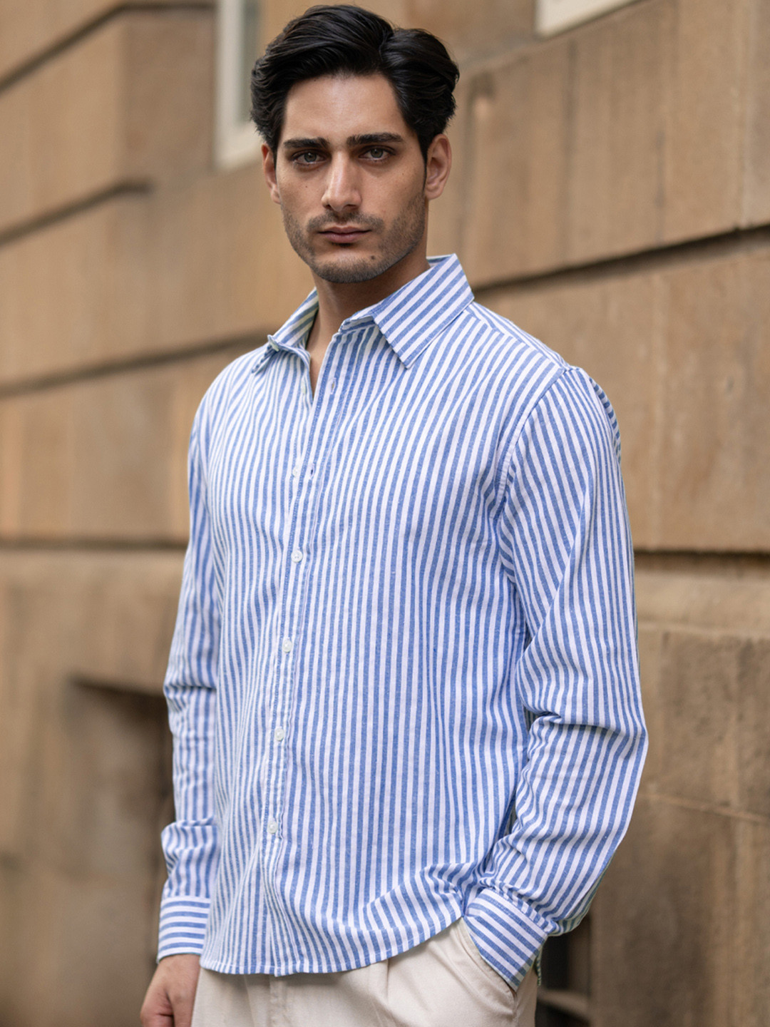 Powerlook Lightweight Vertical Stripes Cotton Long Sleeves Shirt