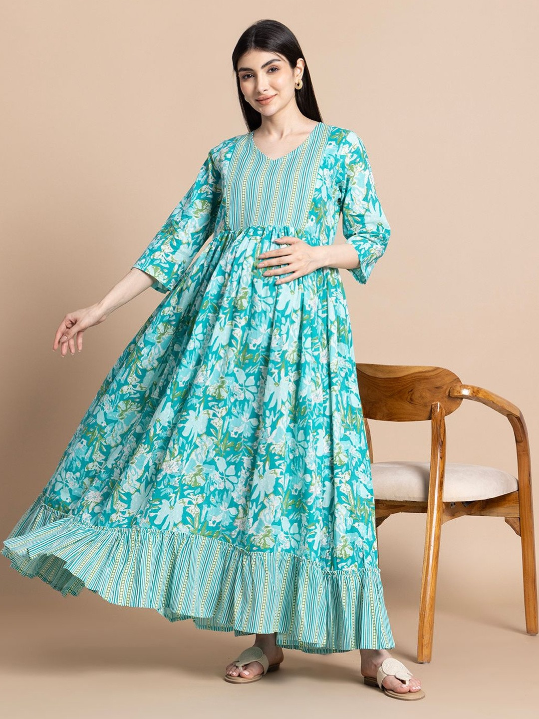 Pahanawa Floral Print Maternity Fit & Flare Maxi Dress