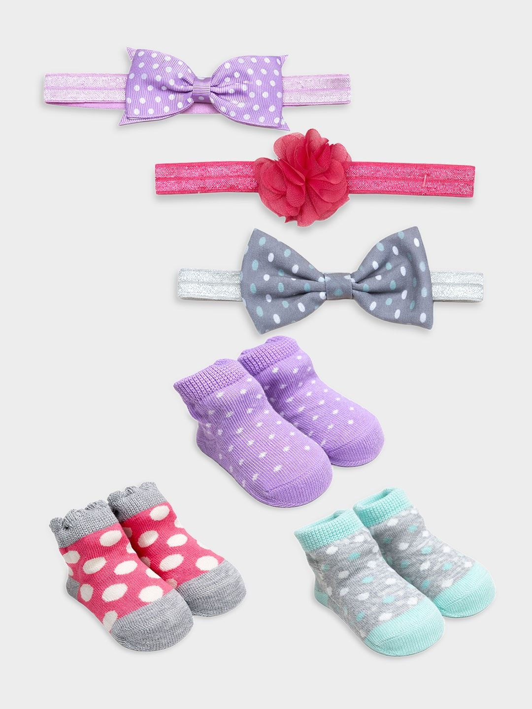 MiArcus Infant Girls Set Of 6 Ankle-Length Socks & Hairbands