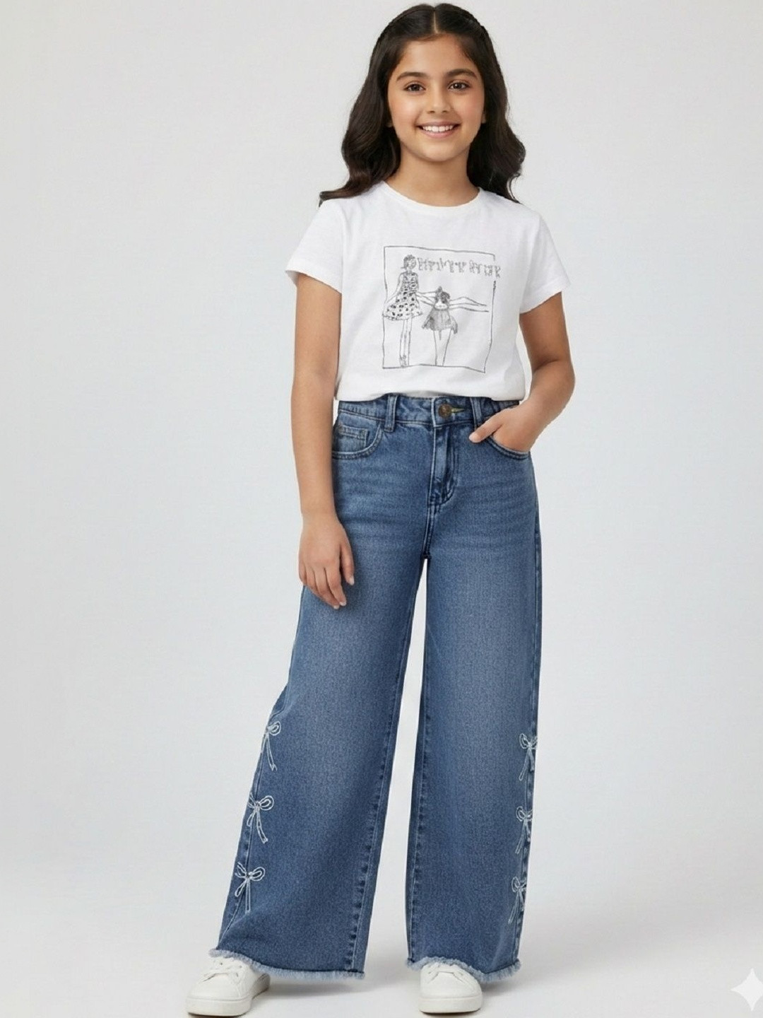 Knit N Knot Girls Wide Leg Mid-Rise Light Fade Embroidered Jeans