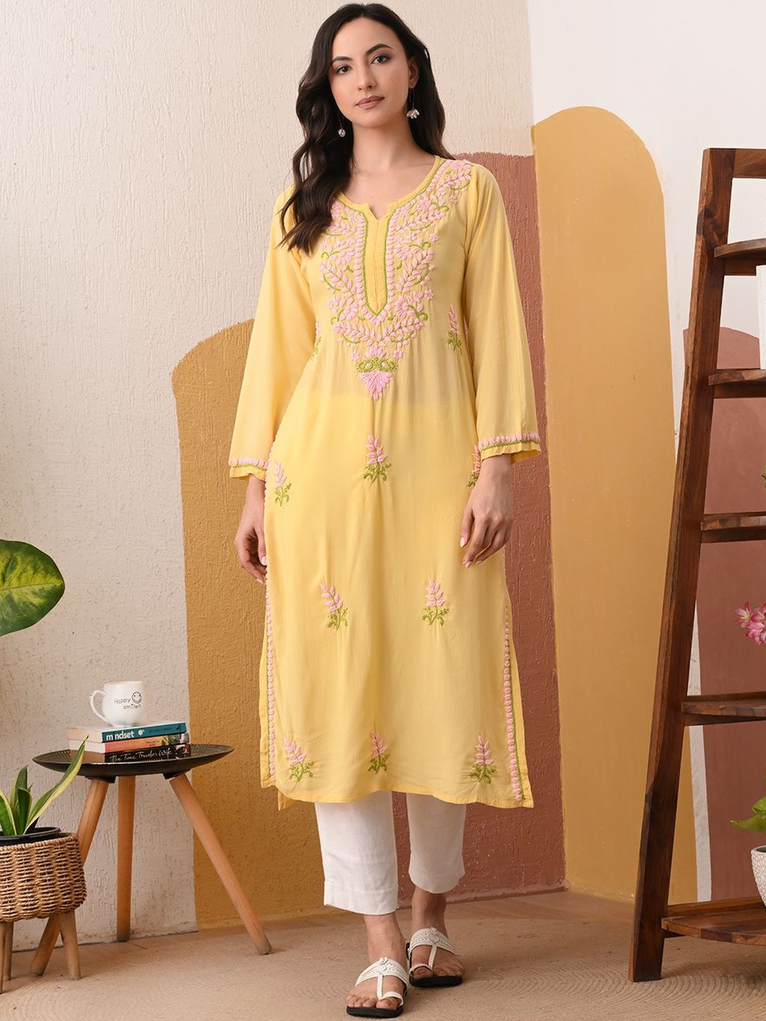 Karicraft Modal Chikankari kurta with blush pink and green embroidery - Lemon Yellow