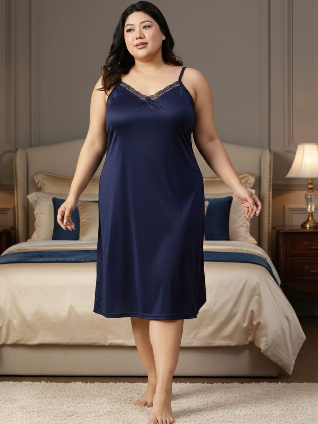 CLOCHOICE Elegant Navy Blue Lace Detail Nightwear Dress