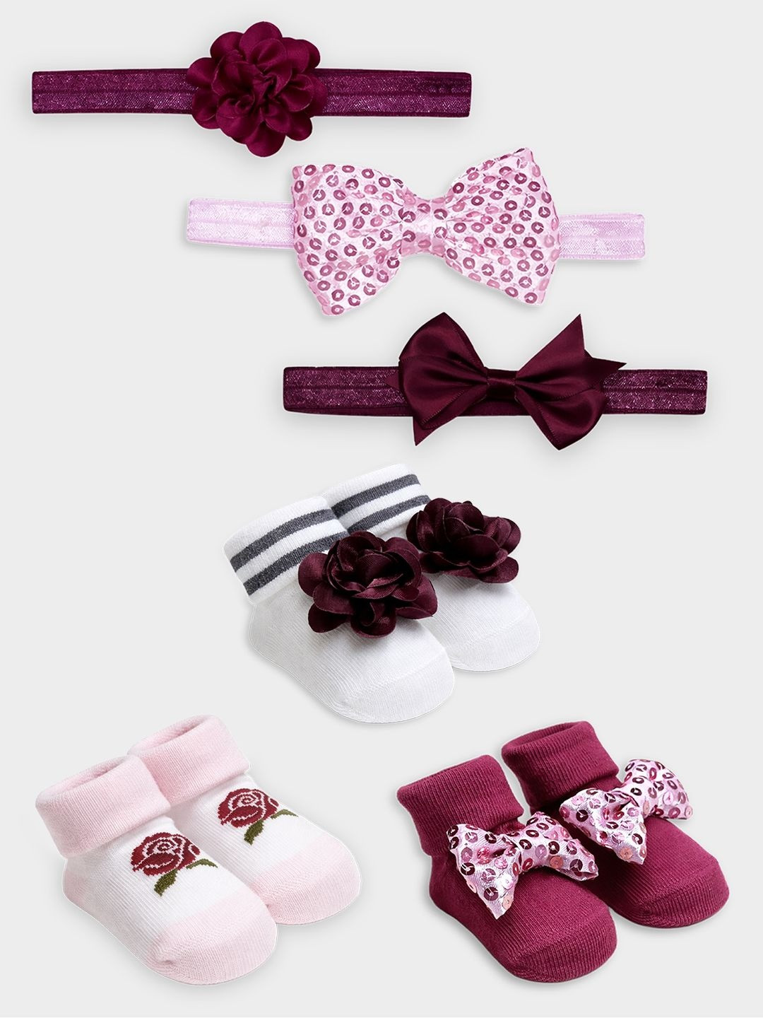MiArcus Infant Girls Set Of 6 Ankle-Length Socks & Hairbands