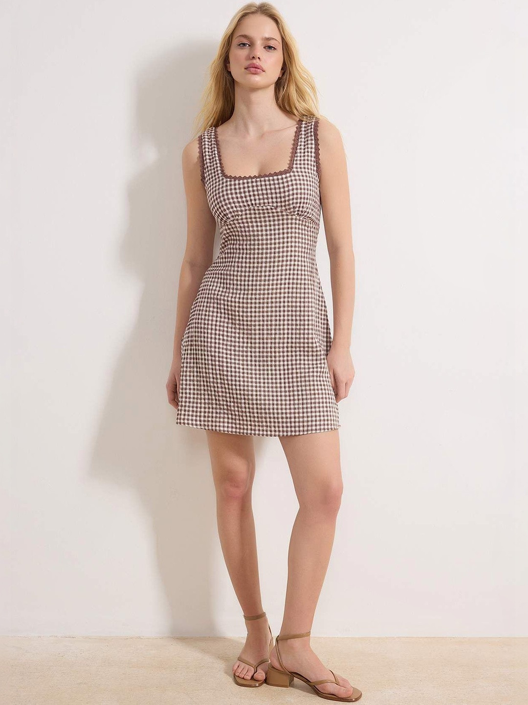 Trendyol Checked Square Neck A-Line Mini Dress