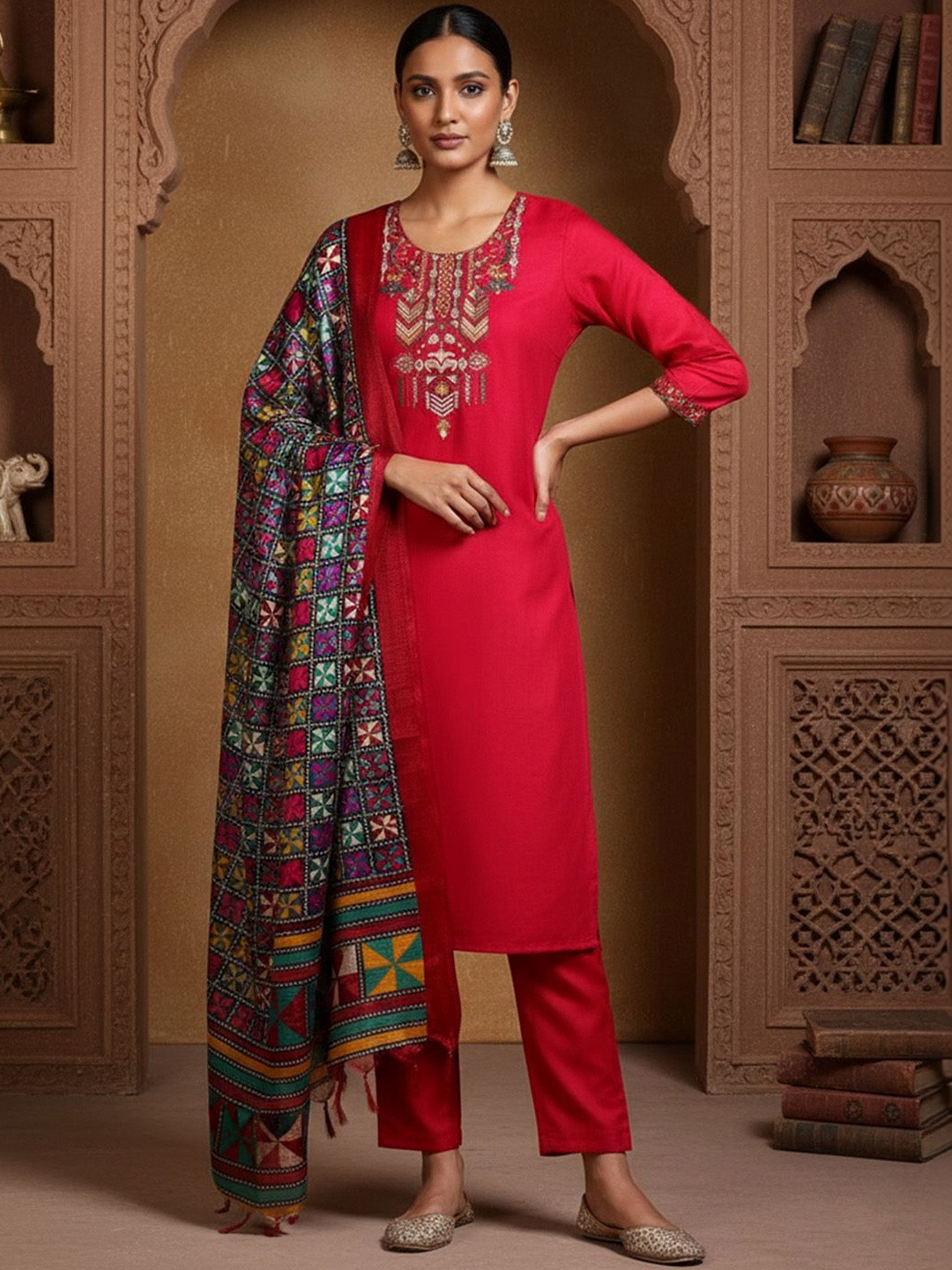 House of Pataudi Printed Round Neck Kurta & Trousers With Dupatta