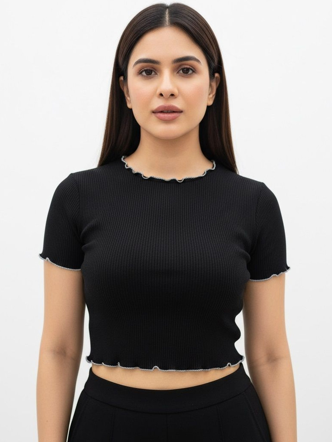 Jack Mail Ribbed Round Neck Ruffles Tank Crop Top