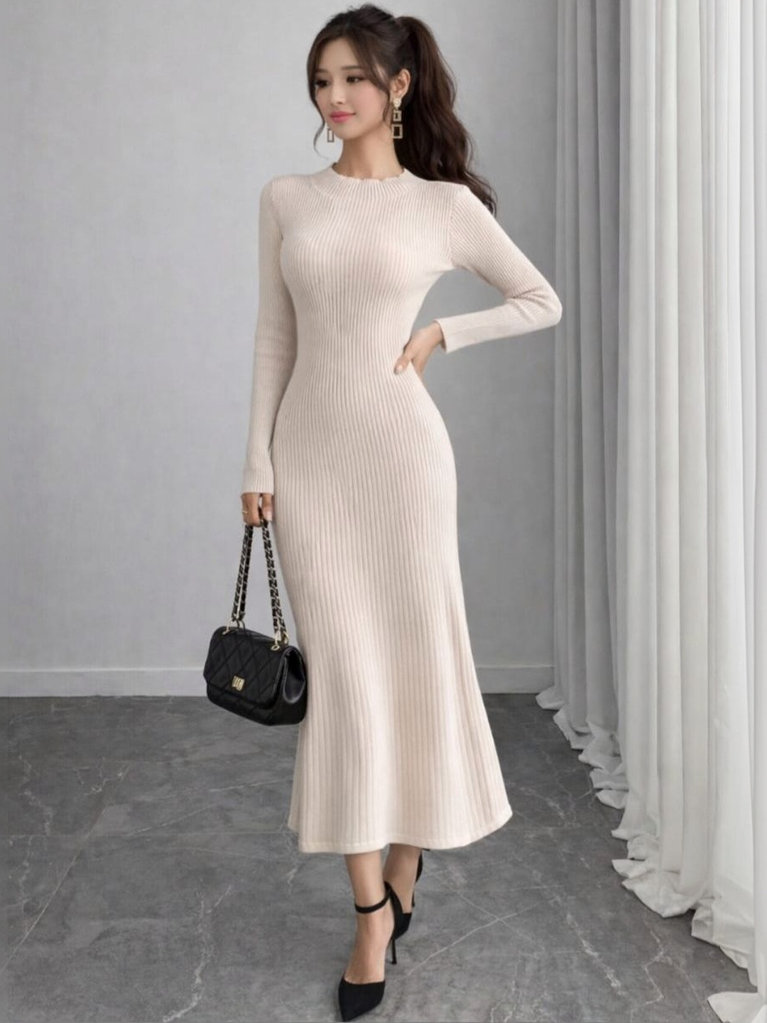 Cream Solid Midi Dress with Long Sleeves