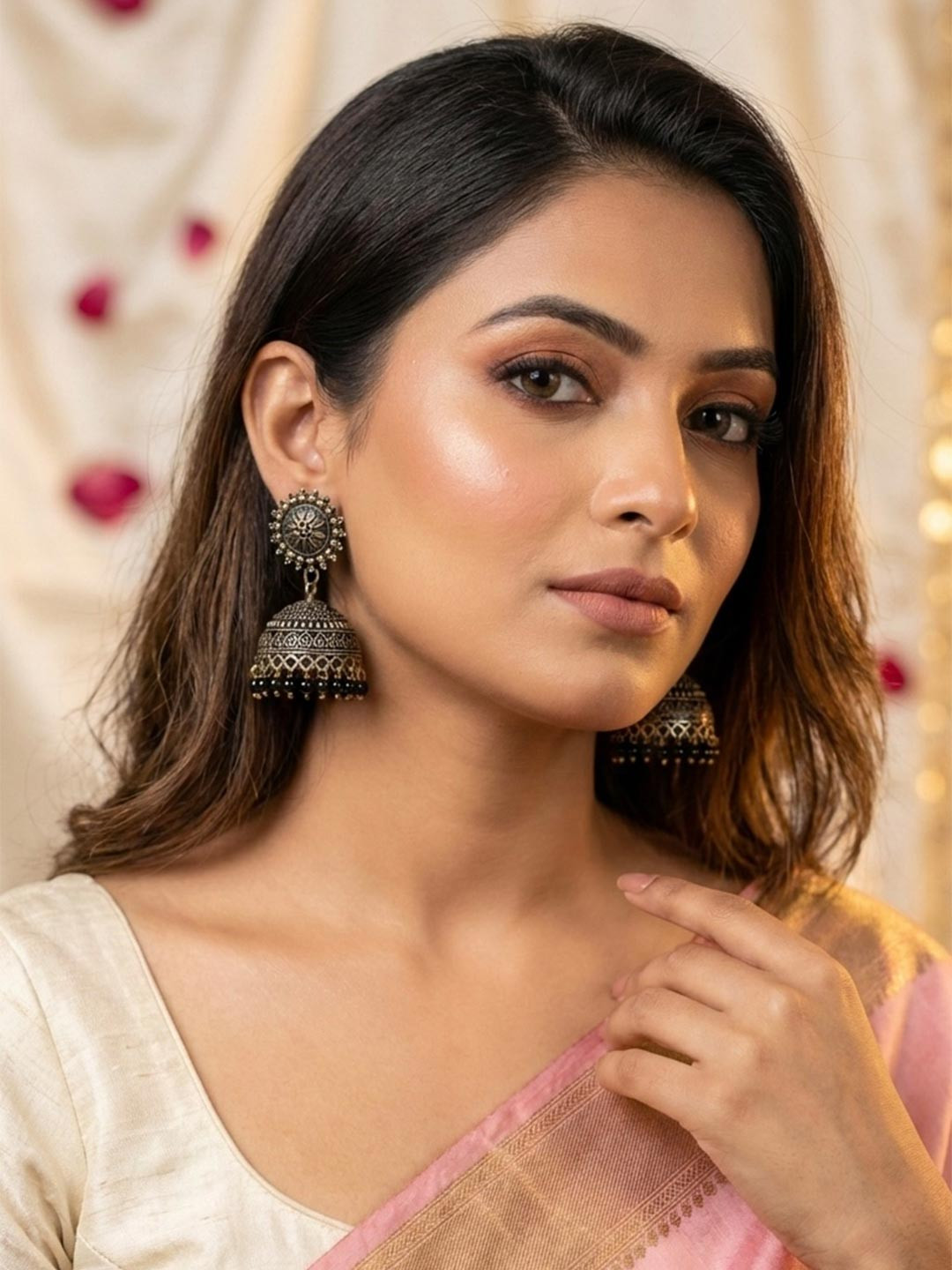JEWELOPIA Gold-Plated Artificial Beaded Oxidised Dome Shaped Jhumkas