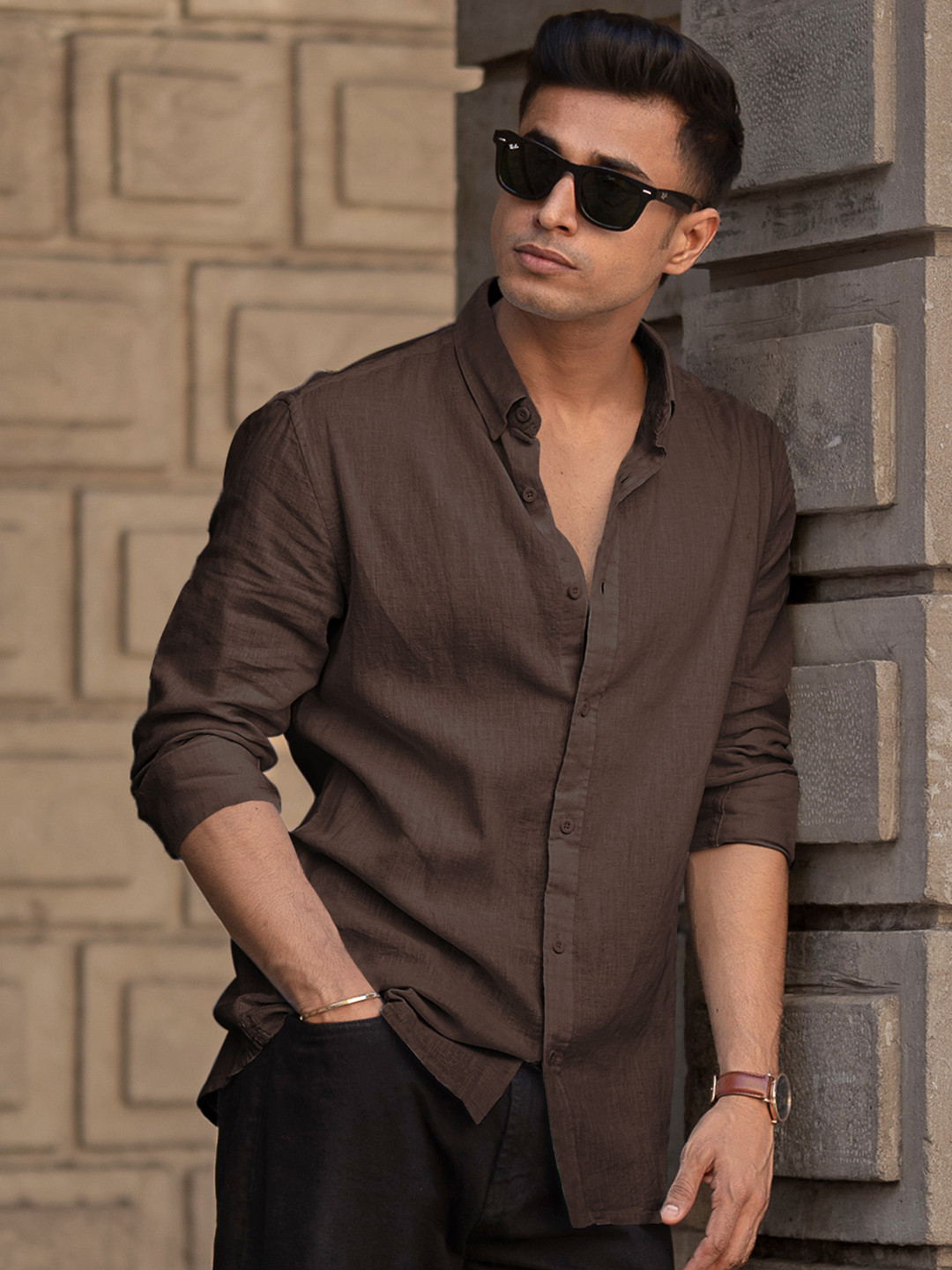 Powerlook Plain Tartan Checks Linen Long Sleeves Shirt
