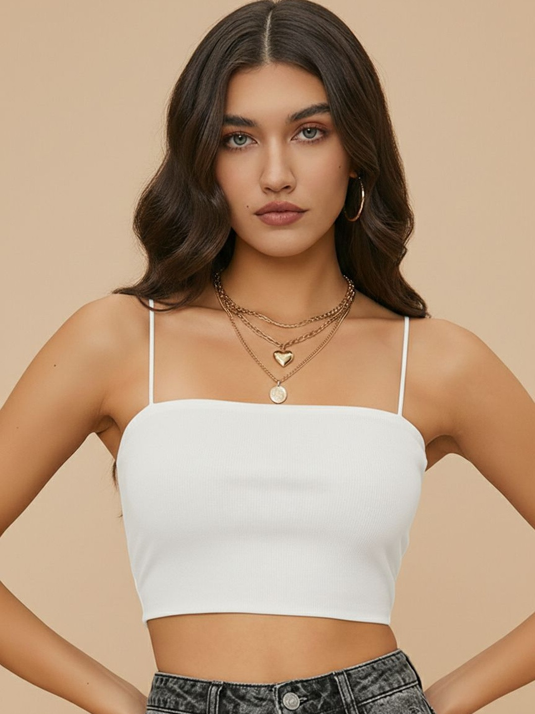 White Ribbed Square Neck Crop Top