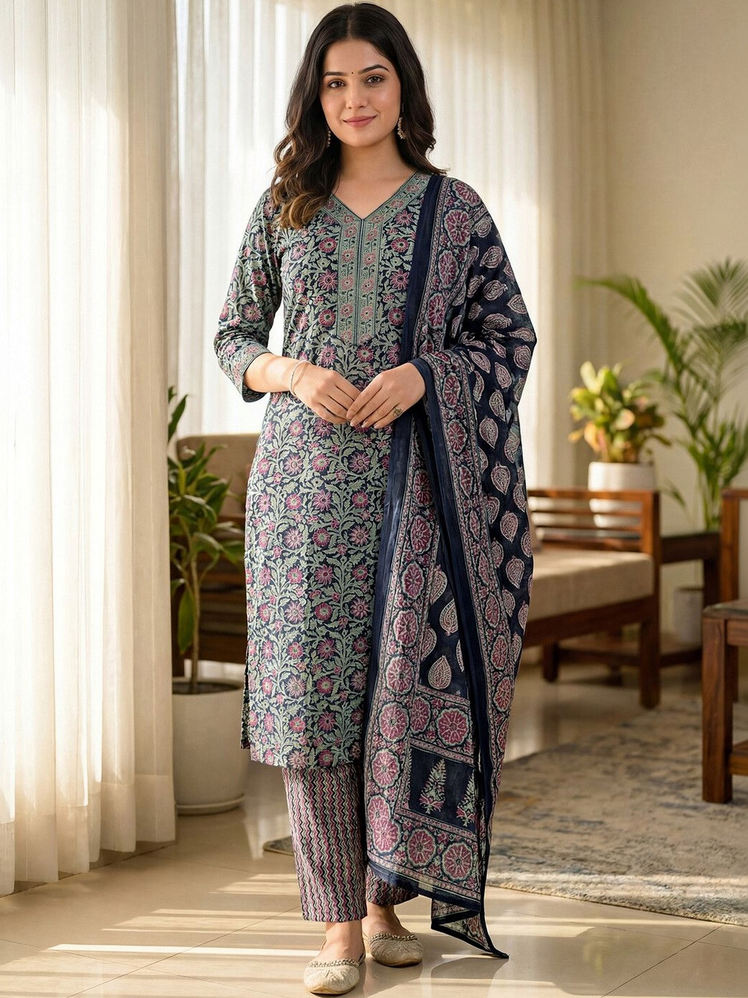 Skylee Pop Women Floral Printed Regular Pure Cotton Kurta with Trousers & With Dupatta