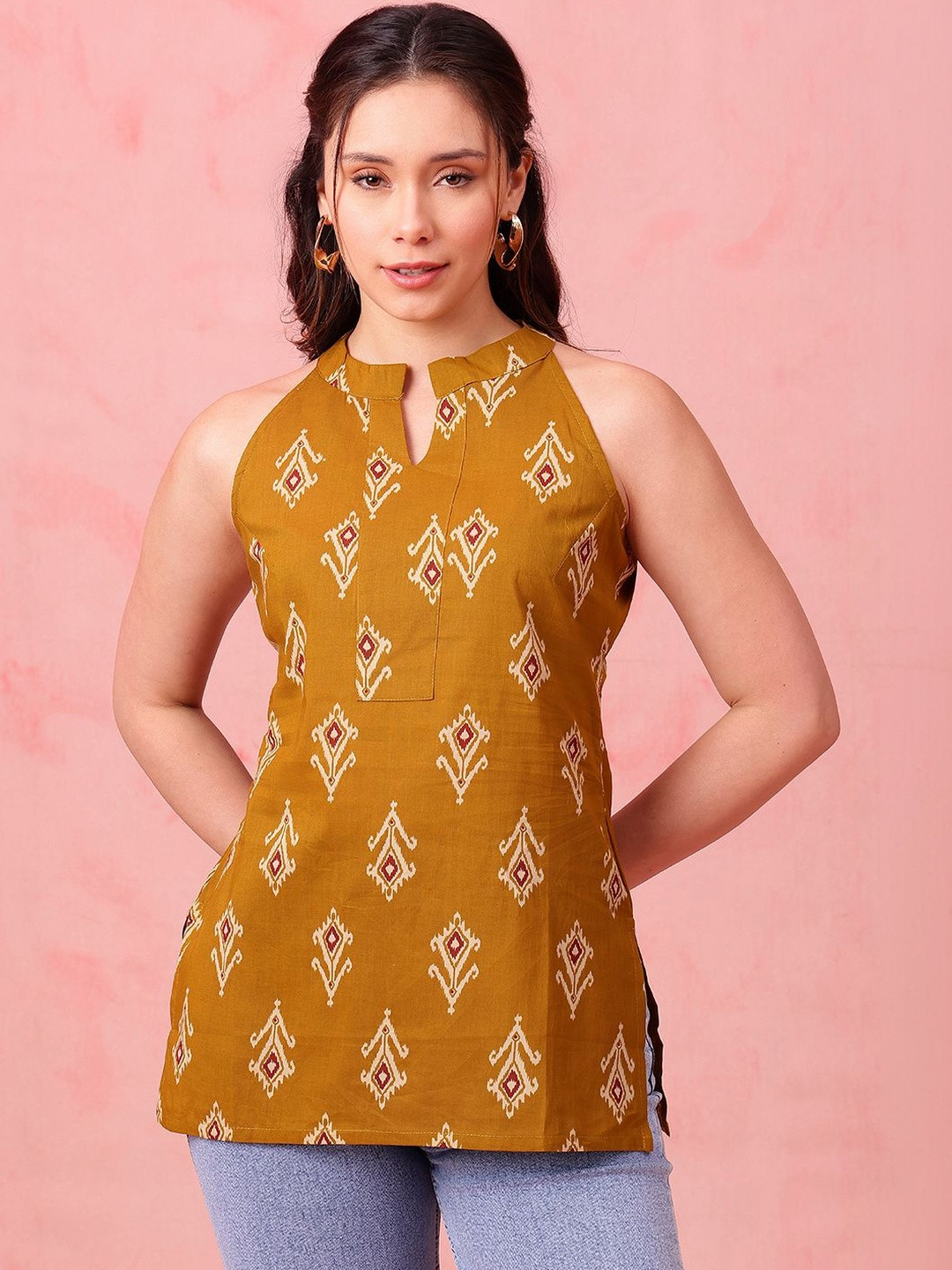 Vbuyz Womens Mustard Cotton Ikkat Printed Straight Sleeveless Tunic with Halter Neck