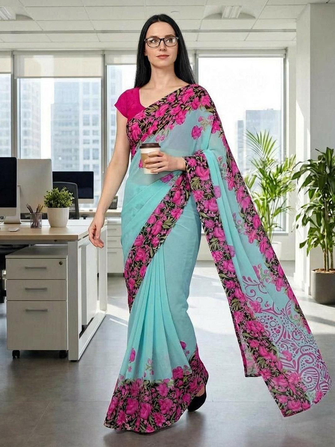 STYLETONE Floral Poly Georgette Designer Saree