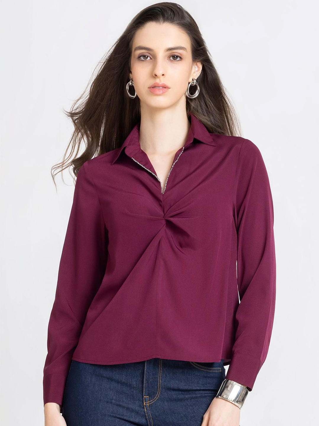 SHAYE Burgundie Shirt Collar Style Top