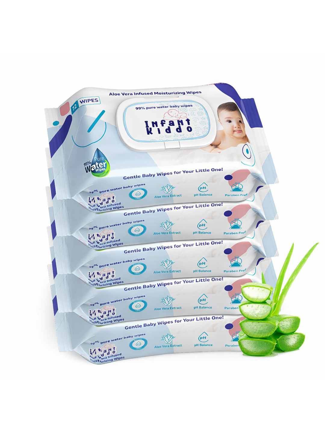 Infant Kiddo Set Of 5 99% Water Baby Wipes With Aloe Vera - 72Pcs Each