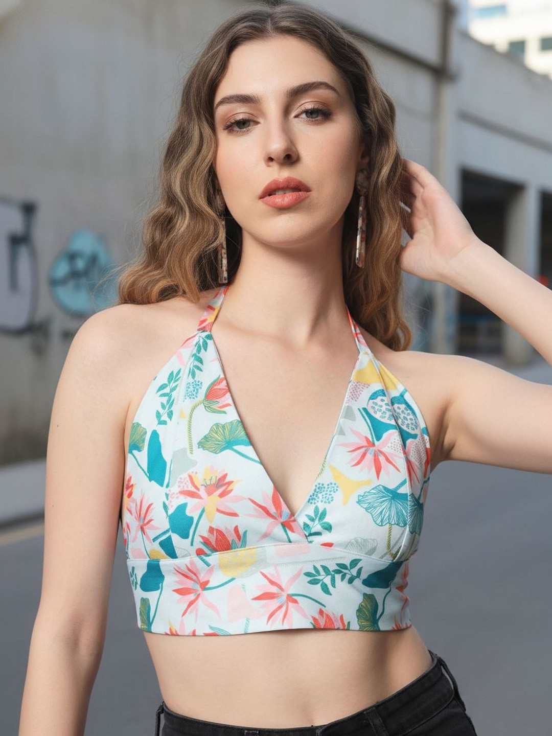 SZN Floral Print Halter Neck Cotton Crop Top