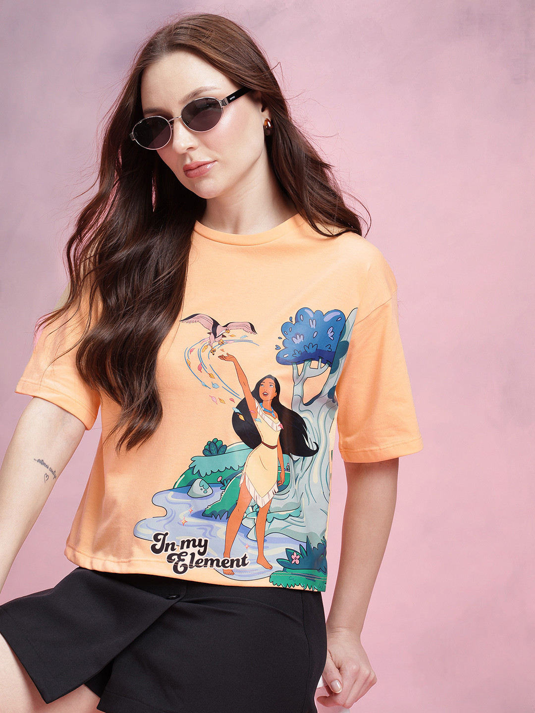 Disney by DressBerry Relaxed Fit Pocahontas Printed Drop-Shoulder Sleeves T-shirt