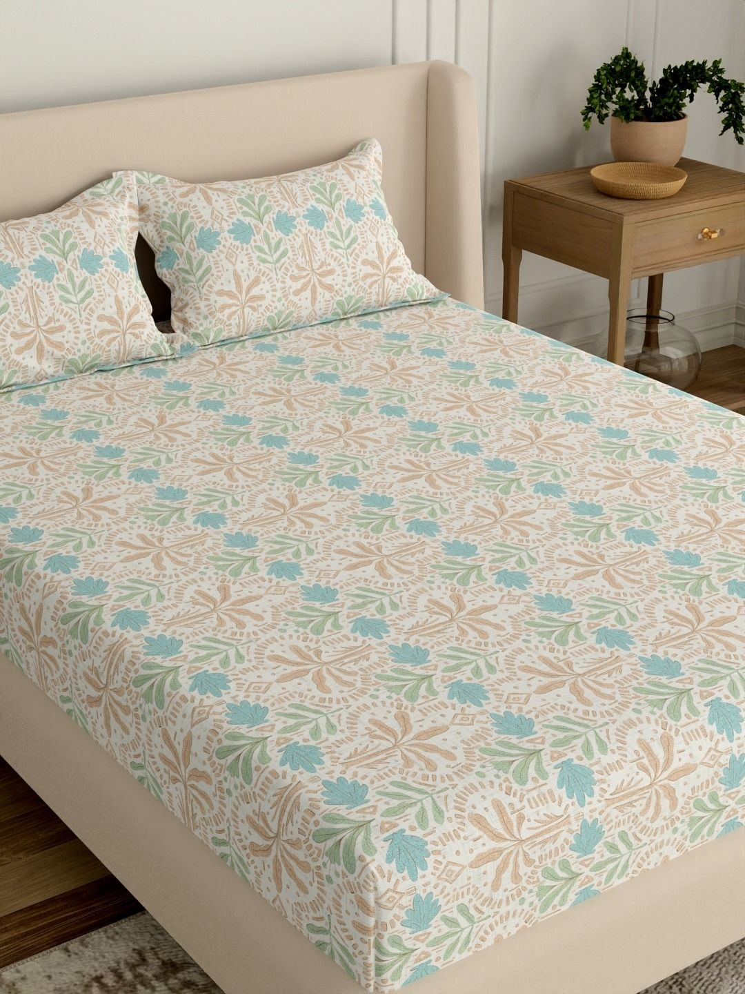 Portico Teal Floral 144 TC Cotton Bedsheet with 2 Pillow Covers