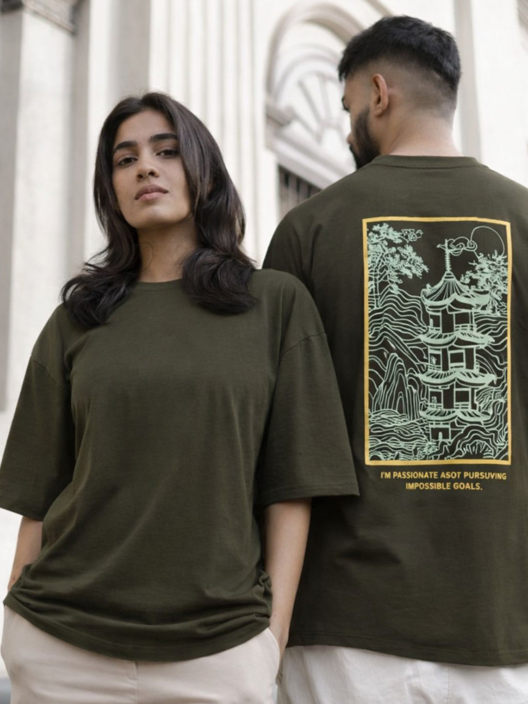 Rigo Unisex Olive Round Neck Cotton Graphic Printed Drop Shoulder Oversized T-shirt