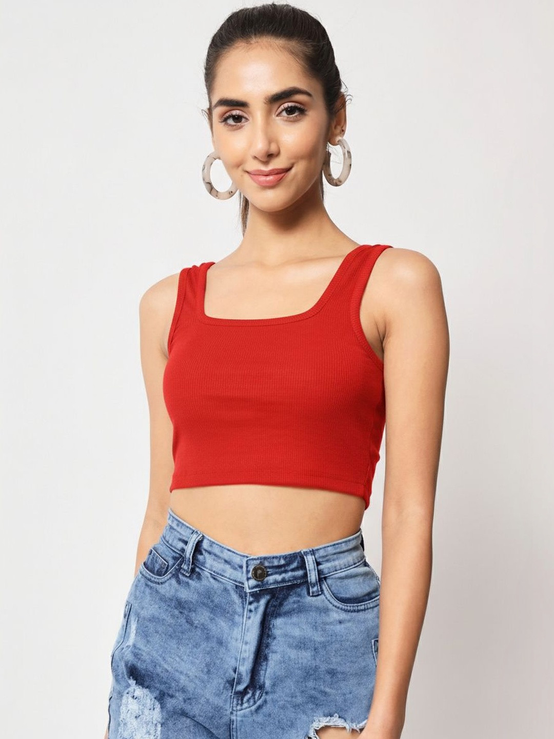 Red Ribbed Square Neck Sleeveless Crop Top
