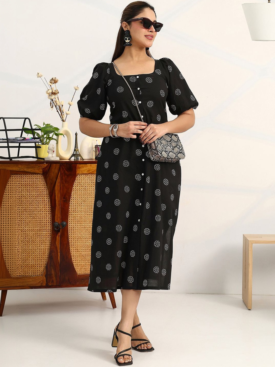 Gerua By Libas Floral Print Puff Sleeve A-Line Midi Dress