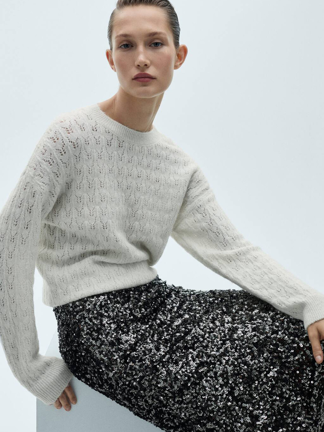 MANGO Textured Open Knit Pullover Sweater