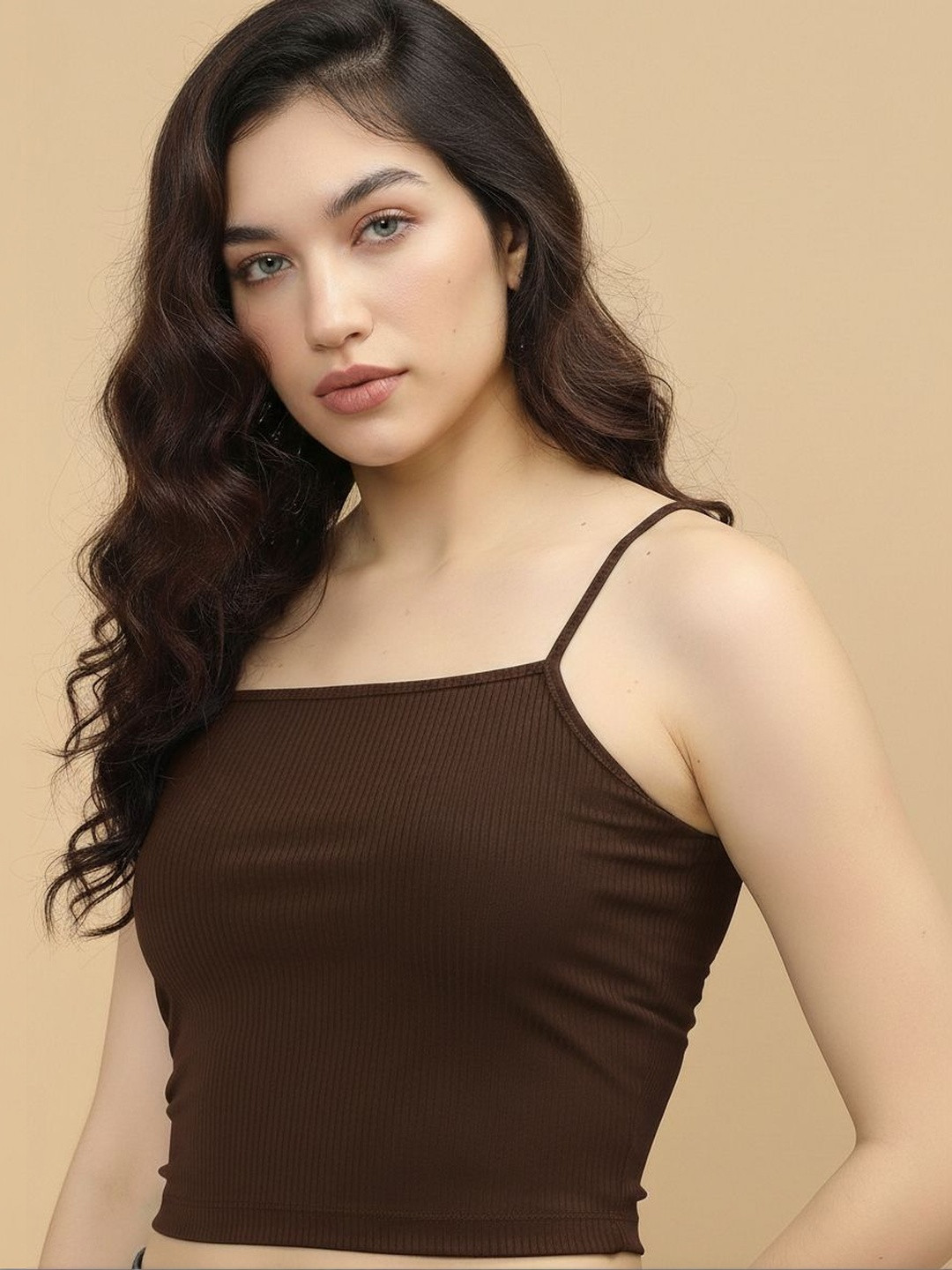 Womenster Ribbed Square Neck Spaghetti Crop Cami