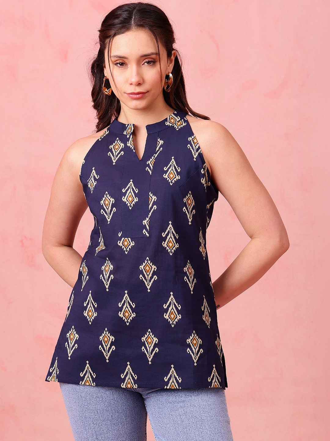 Vbuyz Mandarin Collar Printed Ethnic Tunic
