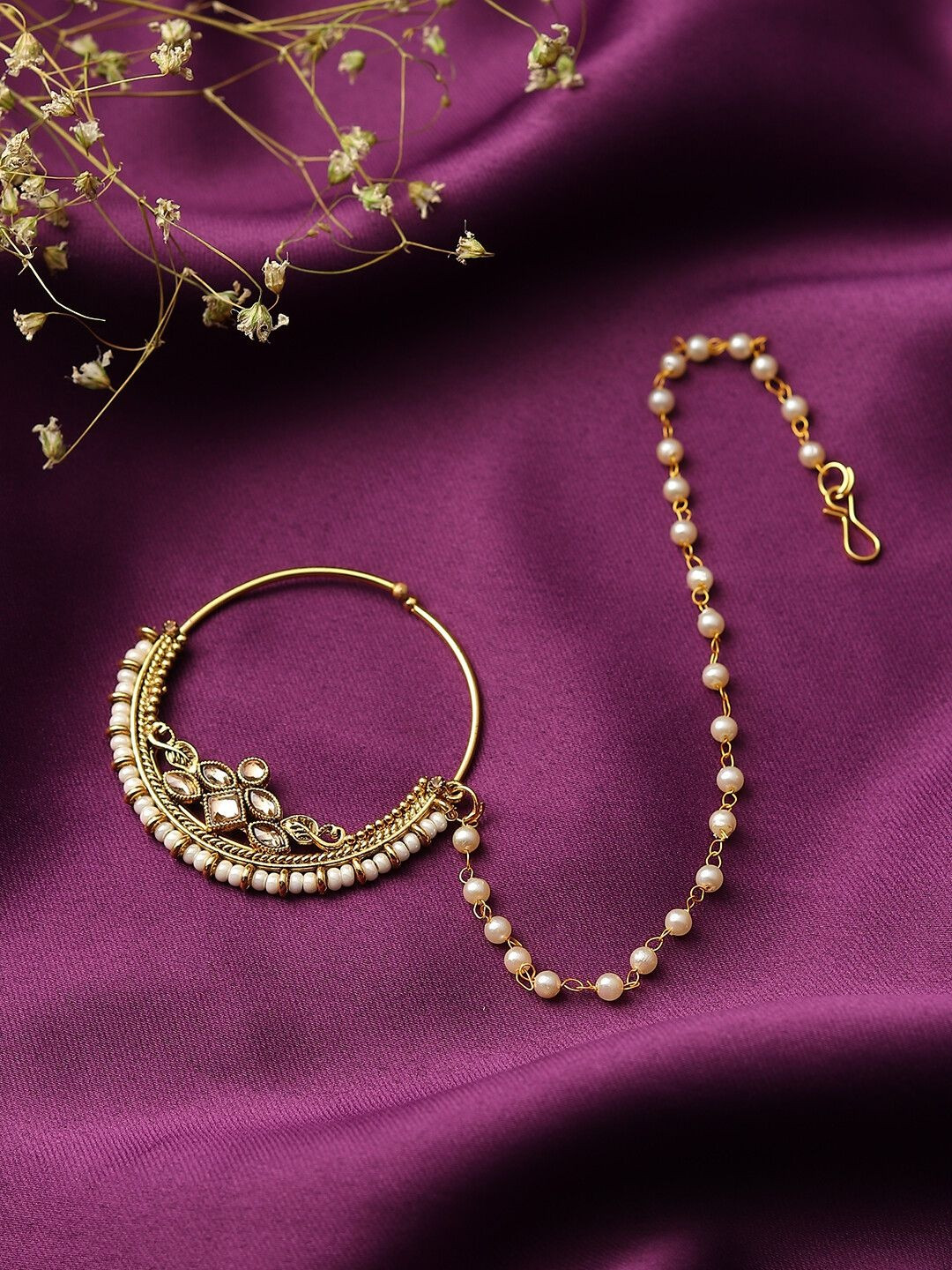 Runjhun Gold-Plated Artificial Stones and Beads Ring Nosepin