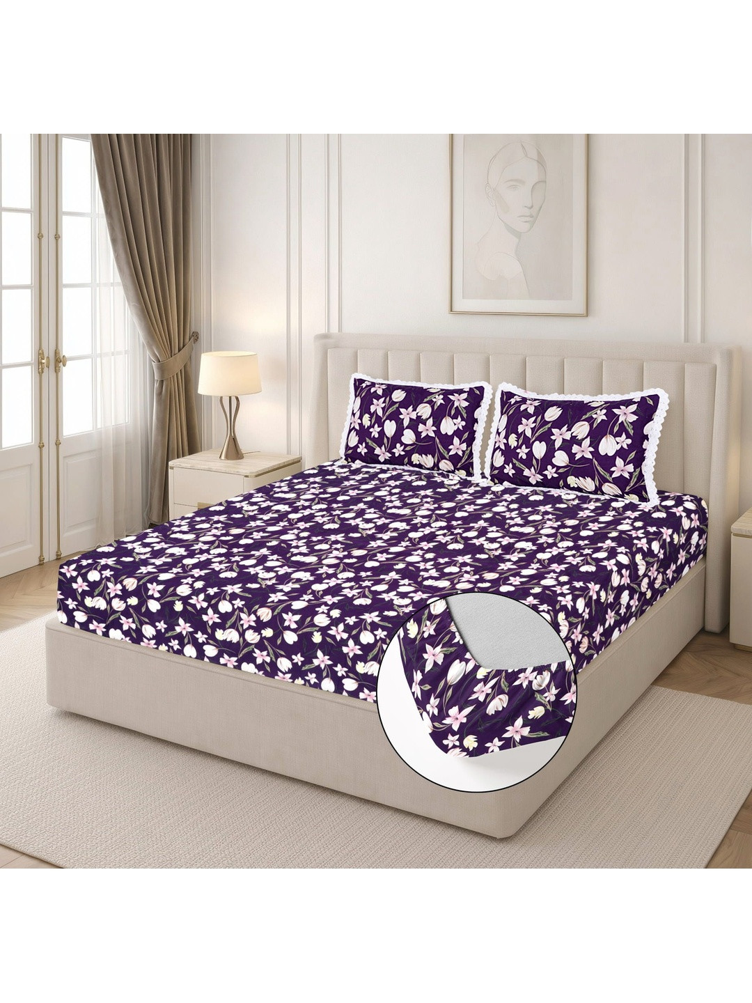 RD TREND Purple Floral Microfiber 210 TC Fitted King Fine Bedsheet & 2 Pillow Covers