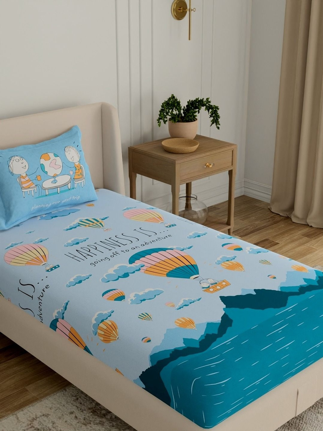 Portico Blue Conversational 144 TC Single Bedsheet with 1 Pillow Covers