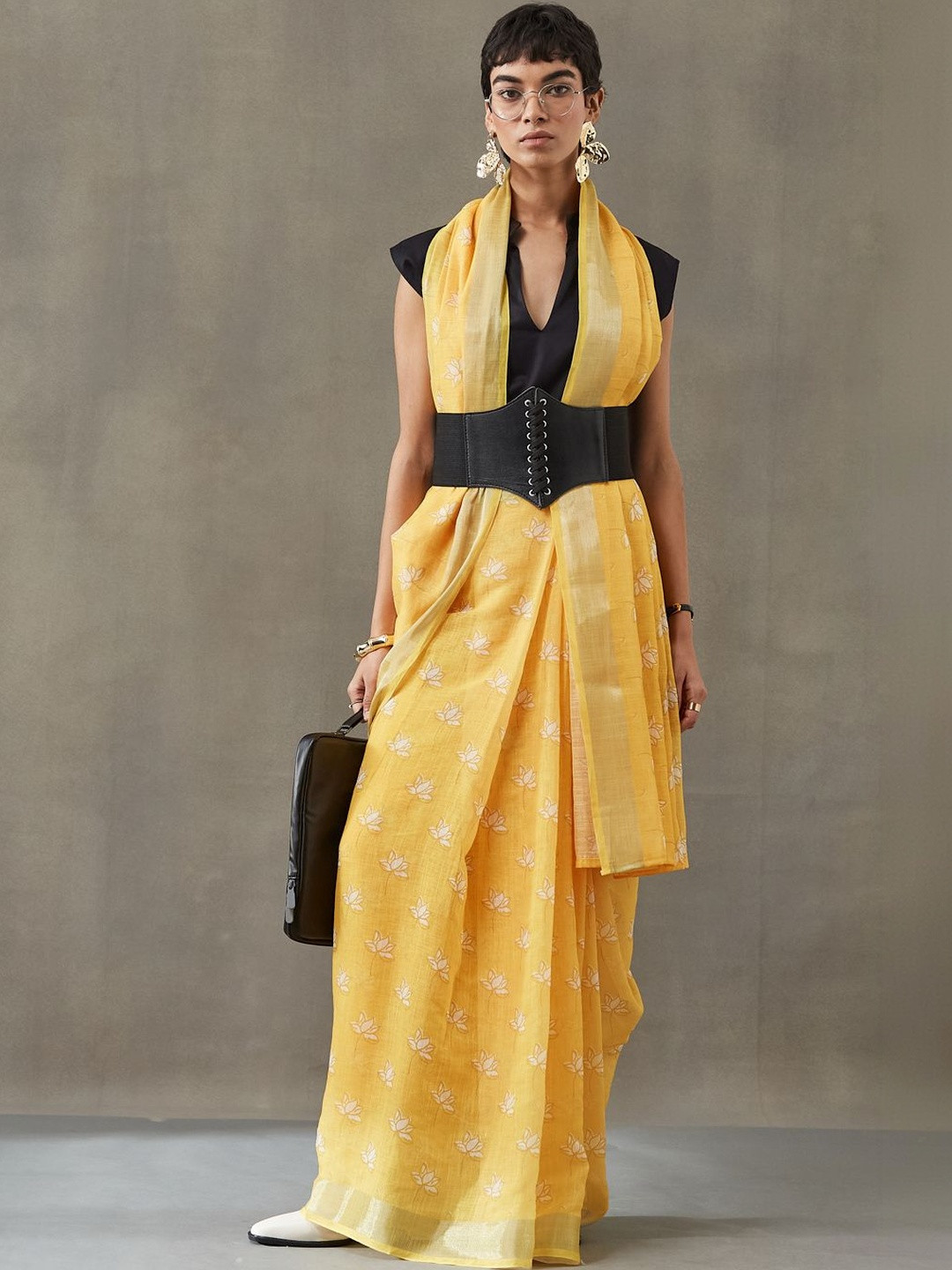 Navibhu Woven Linen Blend Ready to Wear Saree with Blouse Piece