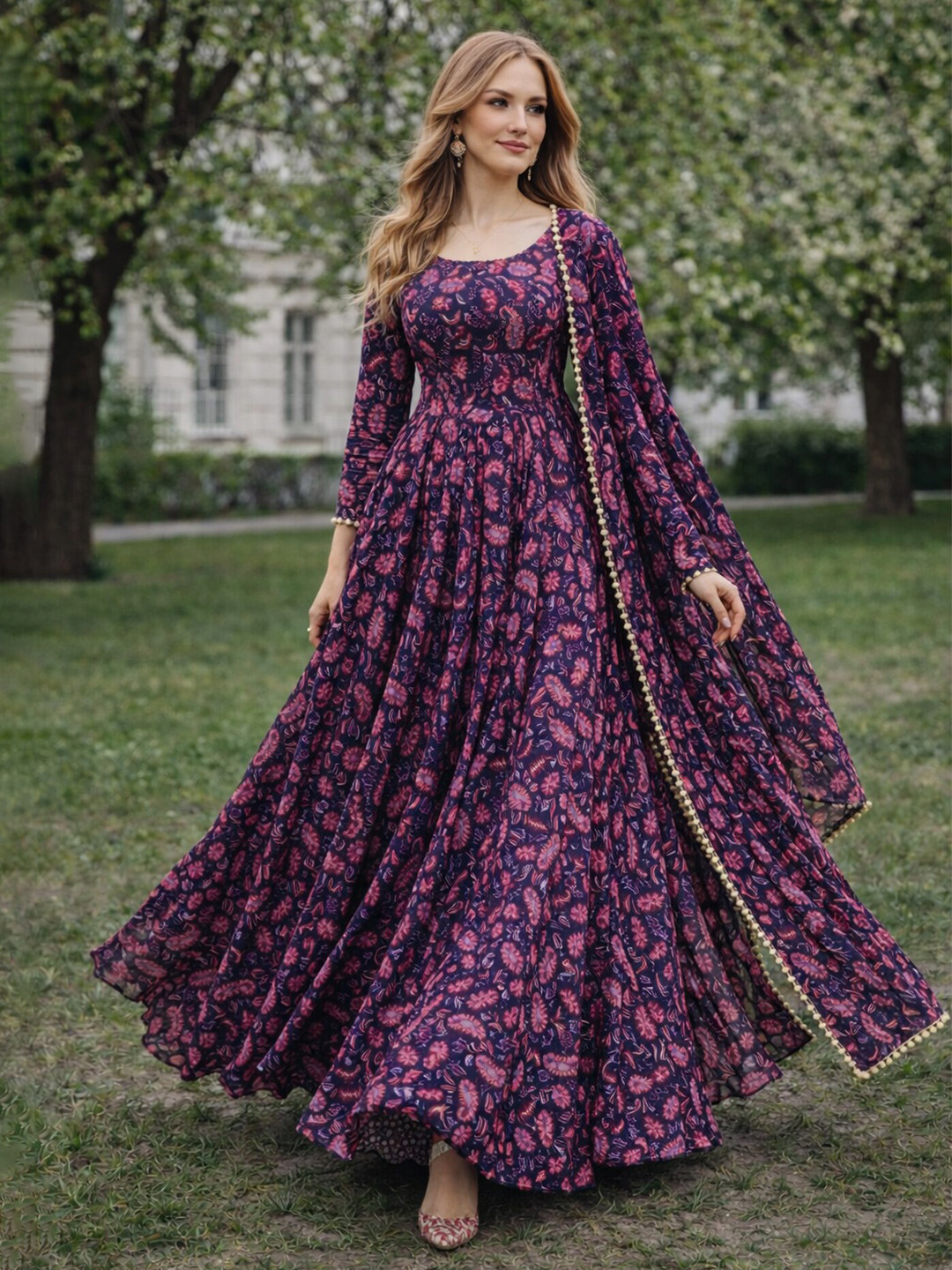 Femvy Floral Print Crepe Fit & Flare Maxi Dress
