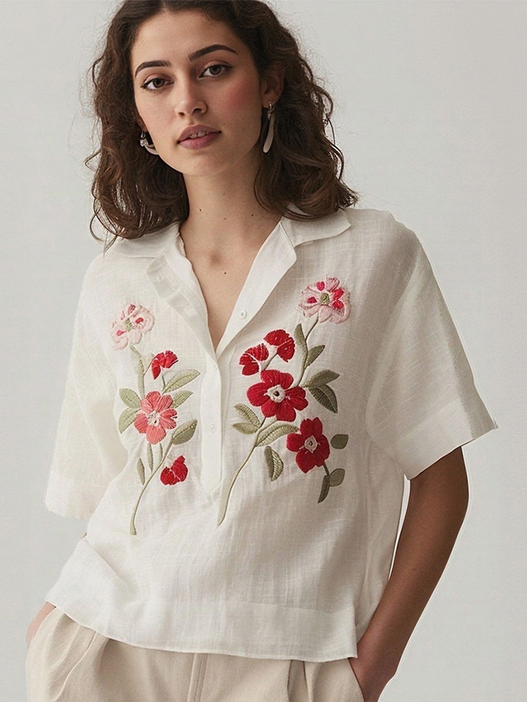 ROOM 19 Floral Embroidered Cotton Blend Top
