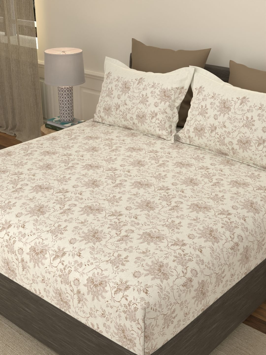 Portico Brown & Cream-Coloured Floral 210 TC Bedsheet with 2 Pillow Covers