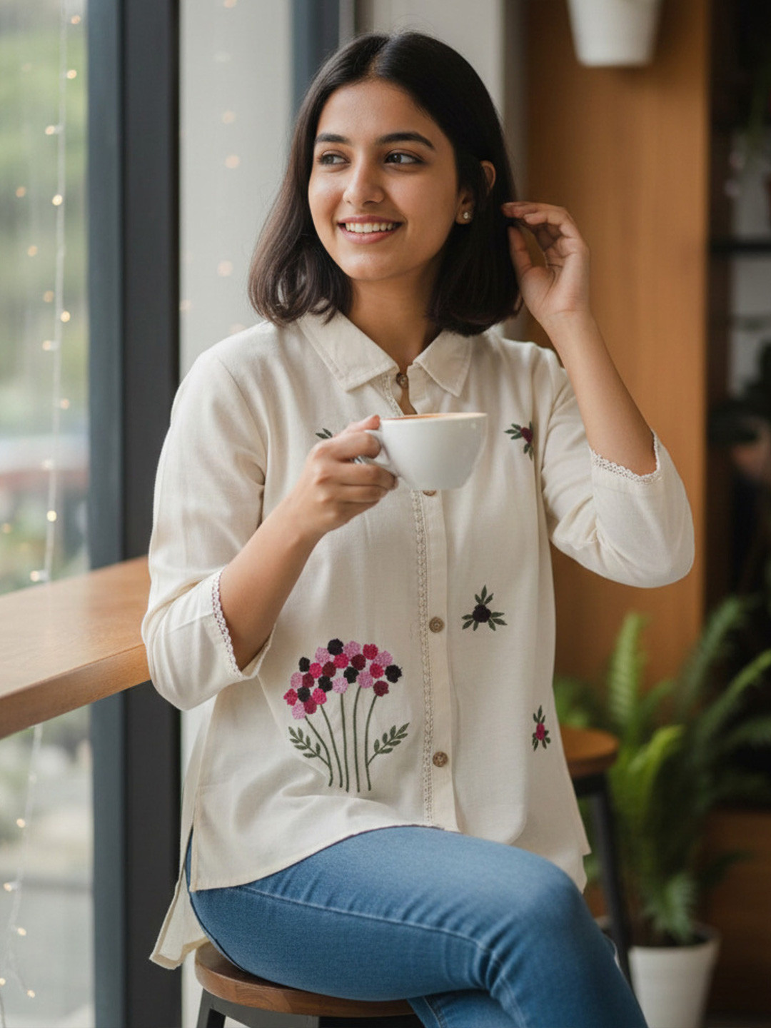 YOELLA Floral Embroidered Organic Cotton Top