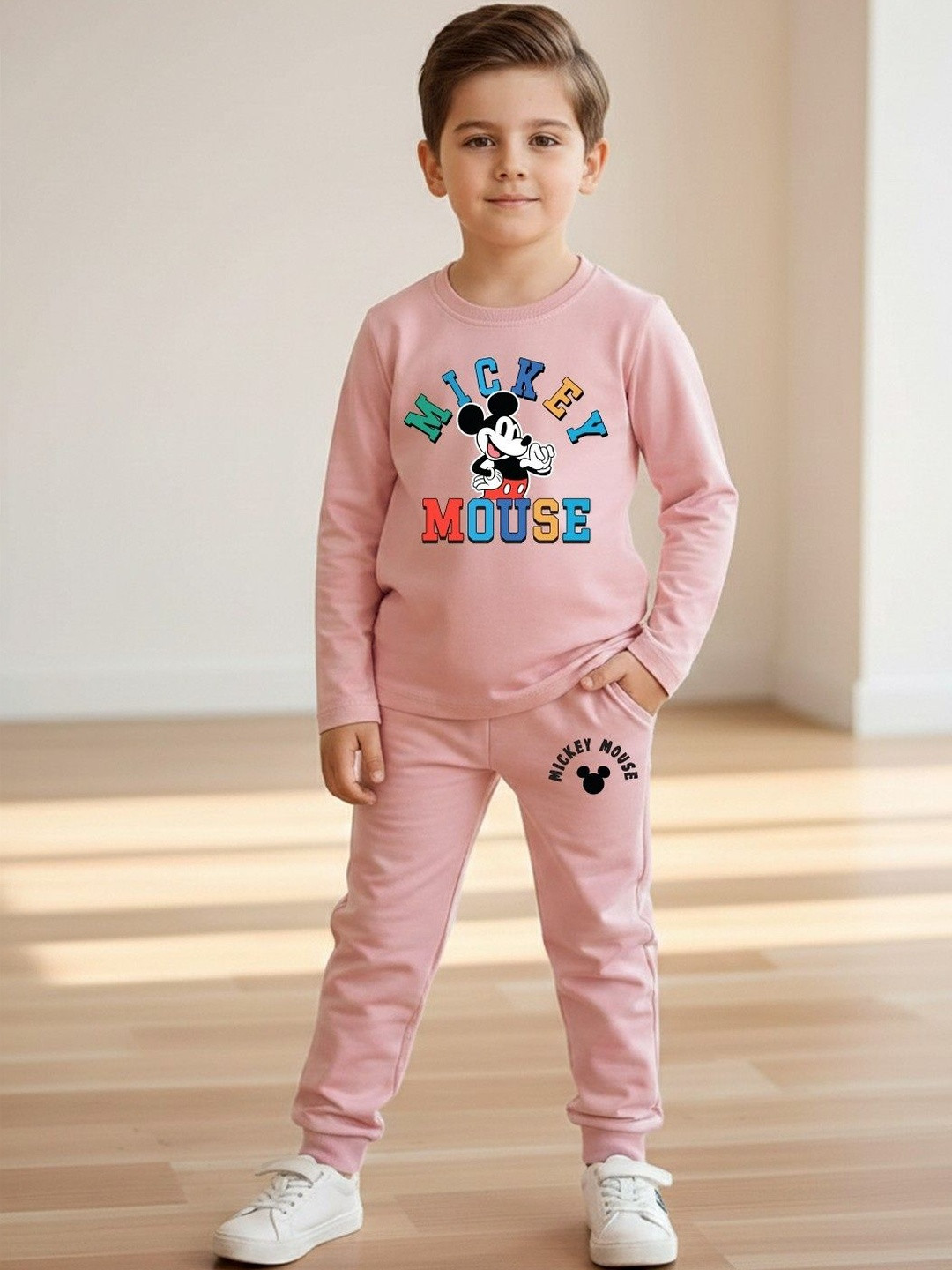 YK Disney Boys Mickey Mouse Printed Pure Cotton Round Neck T-shirt With Trousers