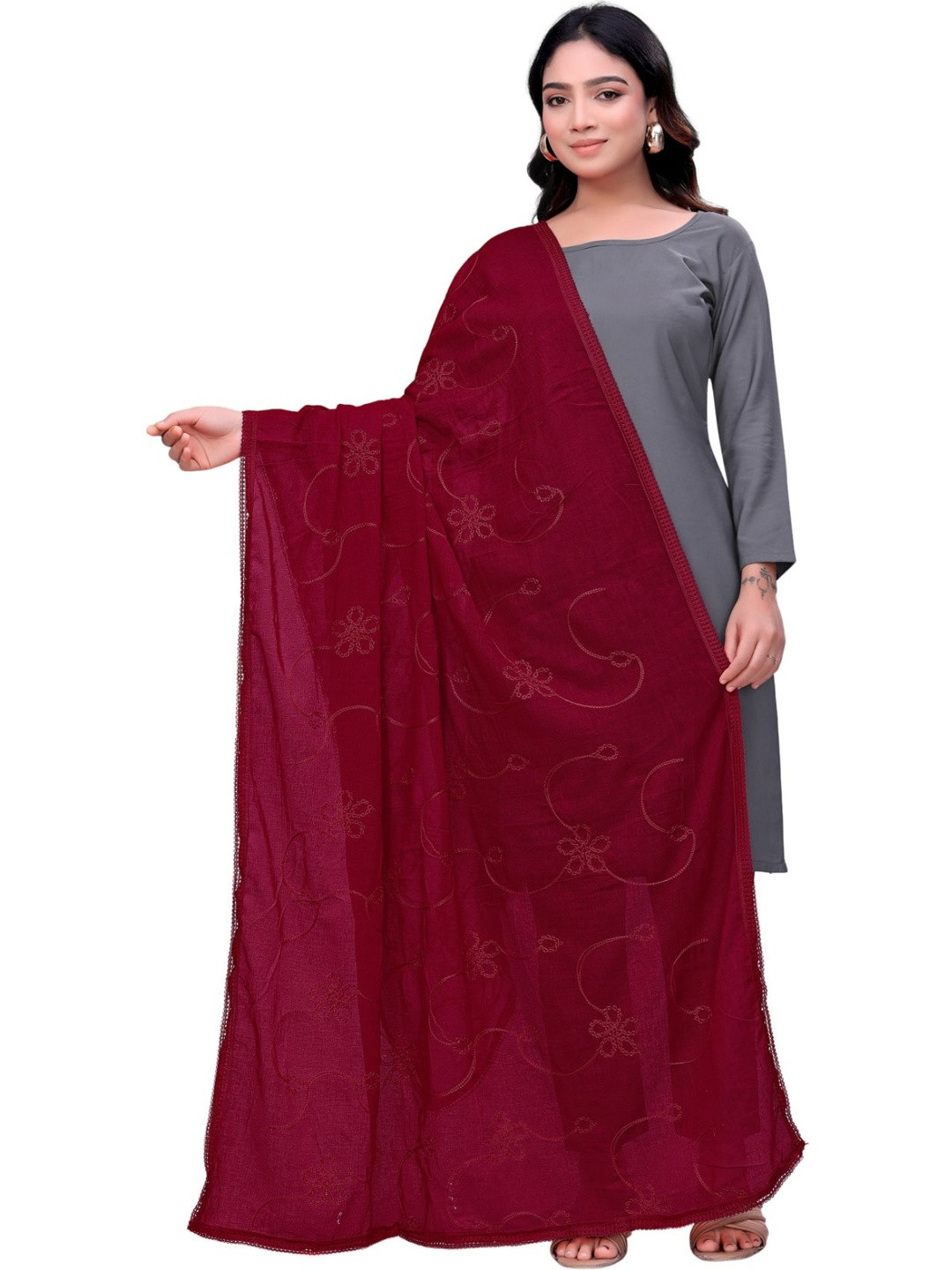 Kemza Embroidered Viscose Rayon Dupatta with Thread Work