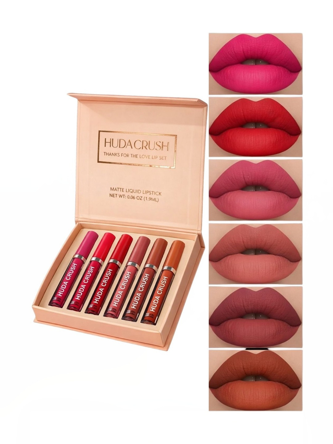 Huda crush Set Of 6 Waterproof Liquid Lipsticks - 4 ml Each - 01 - 02 - 03 - 04 - 05 - 06