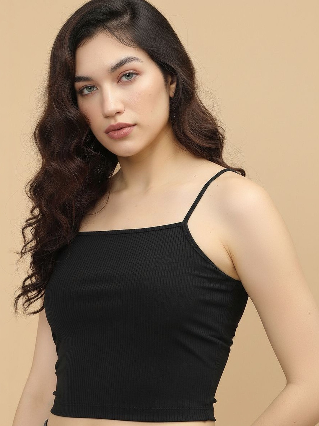 Womenster Ribbed Square Neck Spaghetti Crop Cami